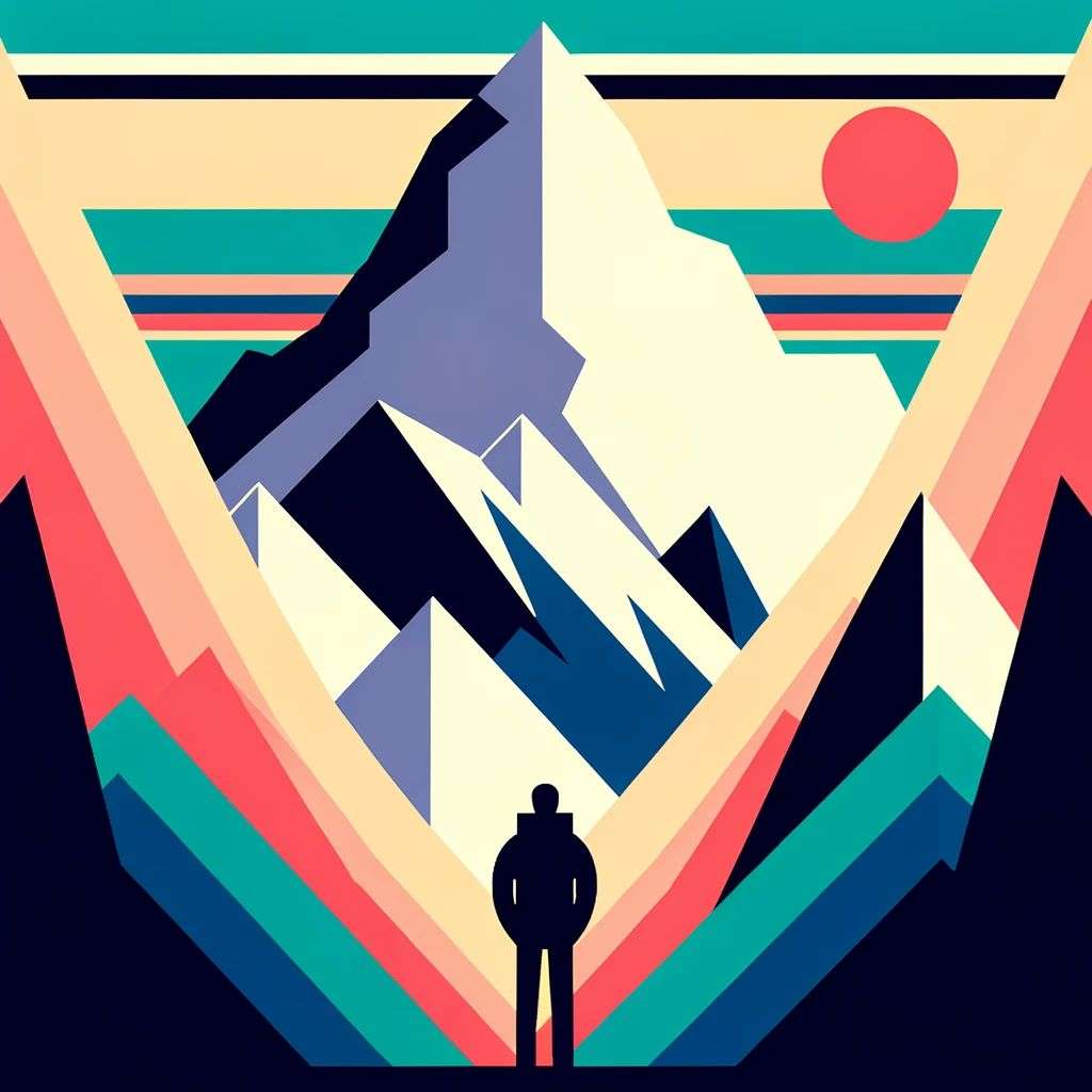 someone gazing at Mount Everest, iconized modern colorful clean linear illustration, inspired by Bauhaus